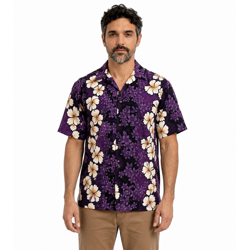 Hilo Hattie Purple Hawaiian Shirt Hibiscus Floral Print Cotton Made in Hawaii XL